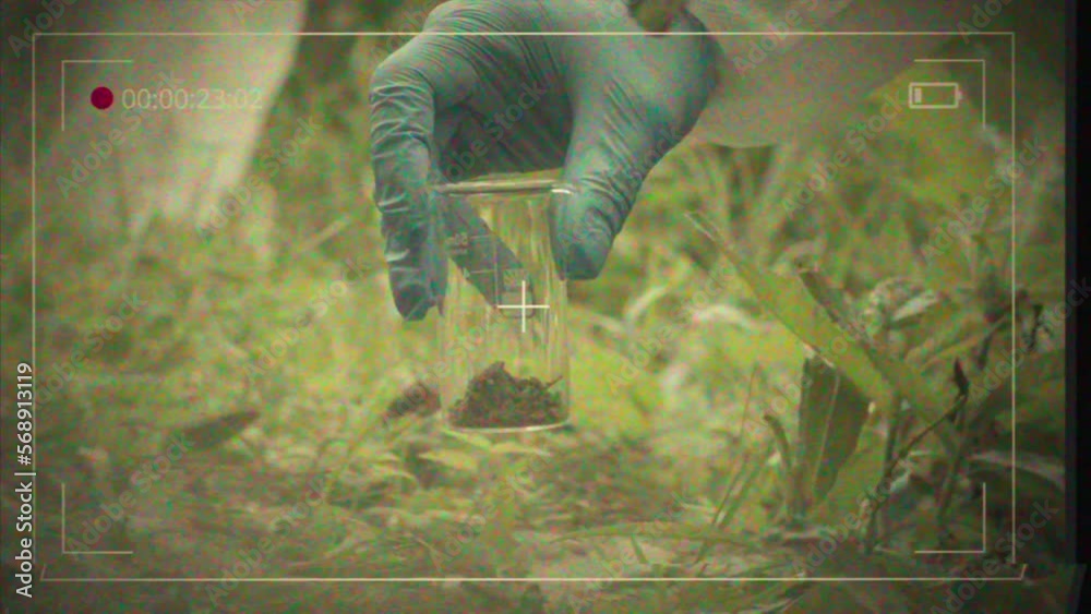 Swamp Testing Retro VHS tape, film Process of taking water analysis from swamp, using ...