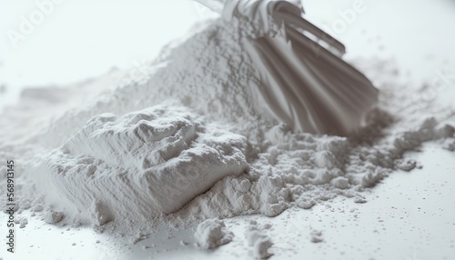  a whisk is sitting on top of a pile of powdered white stuff on a white tablecloth with a black and white background.  generative ai photo