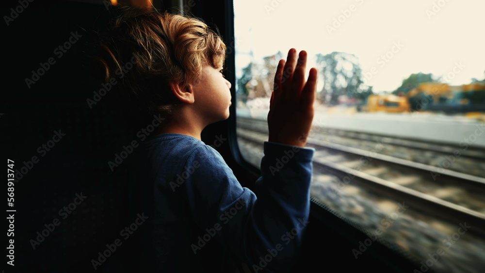 Fototapeta premium Dreamy clip of a Child leaning on train window looking at landscape passing by. Young boy daydreaming. Kid traveling