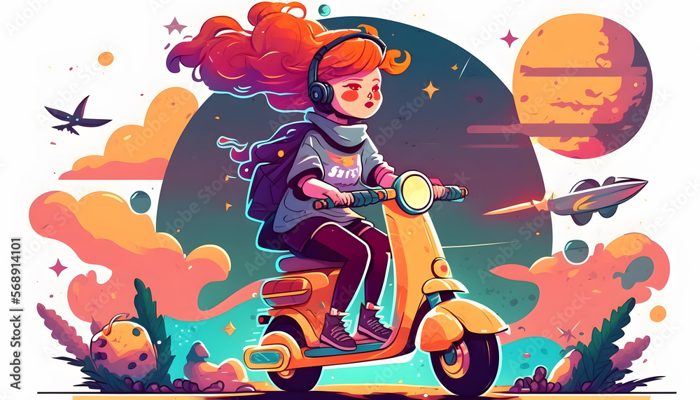 girl riding a scooter, vector illustration