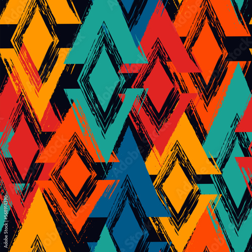Paint brush rhombuses ornament. Seamless lozenges pattern. Hand drawn diamonds backdrop. Tiles wallpaper. Ethnic motif. Geometric background. Digital paper. Geometrical textile print. Vector artwork