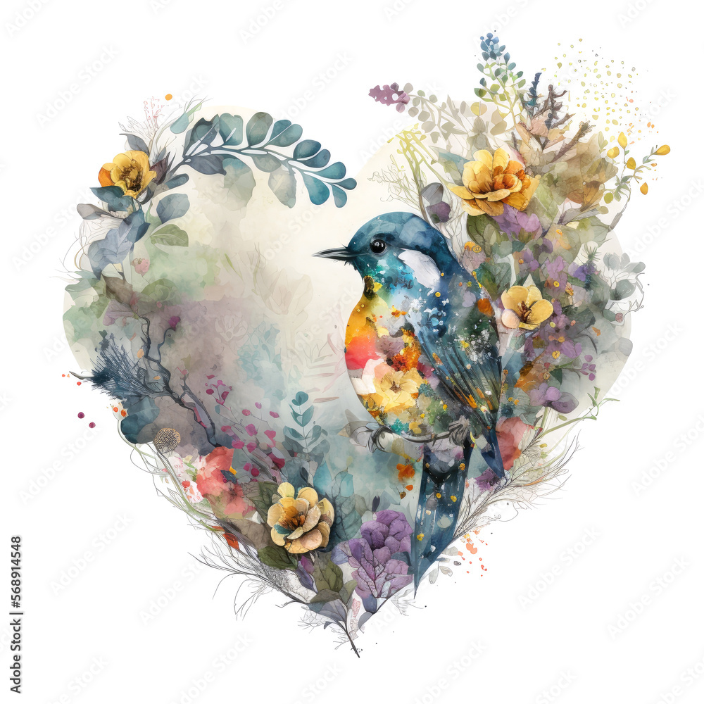 A bird and flowers in the shape of a heart. Watercolor. Generative AI.