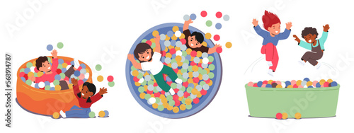 Children Play In Pool With Colorful Balls, Excited Kid Characters Splashing, Having Fun. Family Activity, Friendship