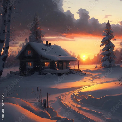 snowy place with ambient sunset 