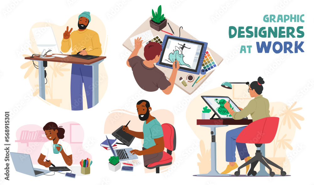 Set Of Graphic Designers At Work. Creative Male And Female Characters Passionate About Design And Seeking New Challenges
