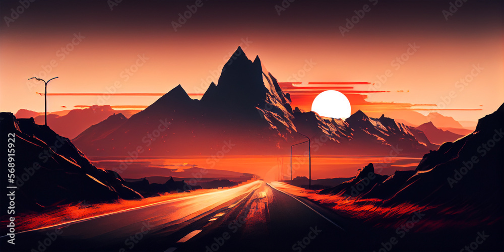Asphalt road. Landscape with rocks, sunny sky with clouds and beautiful mountain road with a perfect asphalt at sunrise in summer. Vintage toning. Travel background. Highway in generative ai.