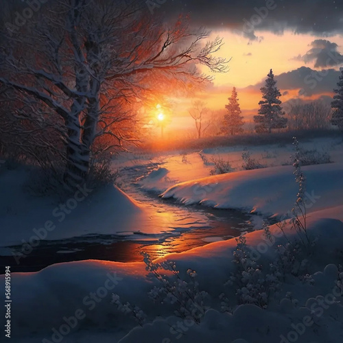 snowy place with ambient sunset 