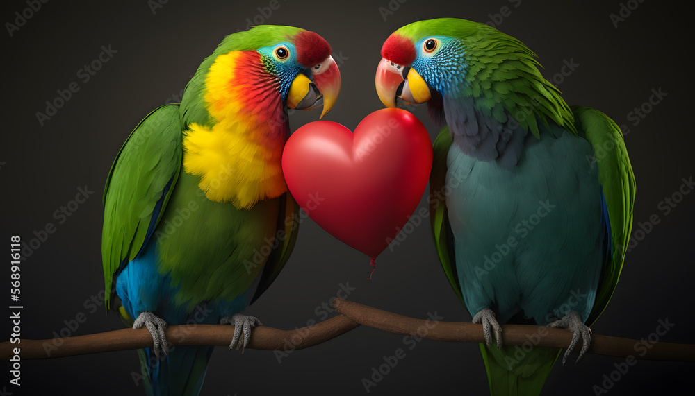 couple of parrots in love kissing, with a heart-shaped balloon on valentine's day, 3d render digital illustration