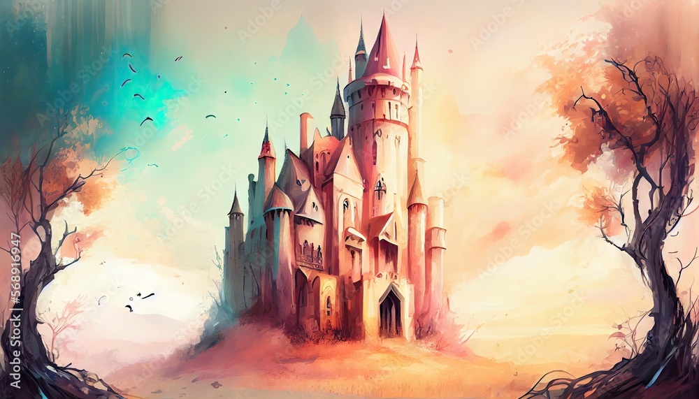 Dreamlike castle, magical and mystical medieval kingdom. Painting style. Generative AI