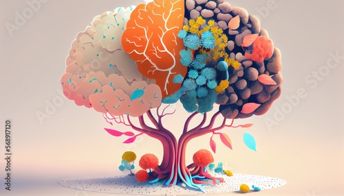 Human brain tree abstract. Colorful. Generative AI