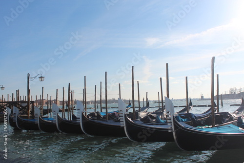 Venice beaches, gondolas, churches, St. Mark's City Square, the tower in the square, the church, the medieval and Roman artifacts, the canals in the city, the gondolas going on the canals and the sea,