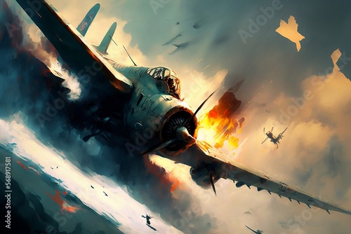 Print op canvas Imagination Takes Flight: A Surreal Painting of a WWII Dogfight IA
