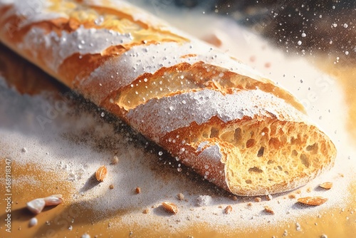  a long loaf of bread is covered in powdered sugar and sits on a table with other breads and nuts scattered around the loaf. generative ai