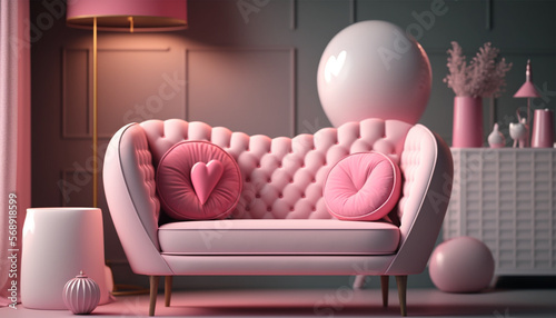 Valentine modern interior room have white pink sofa color and element home decor for valentine s day generative ai.