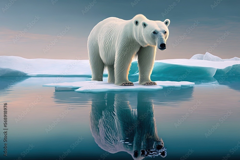 a polar bear standing on an iceberg in the water with a sky background ...