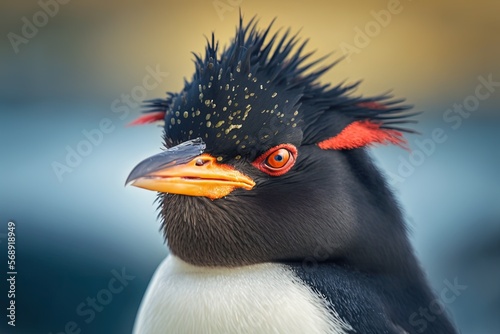  a close up of a bird with a black and white head and orange beak and a black and white body with a red and orange headband.  generative ai