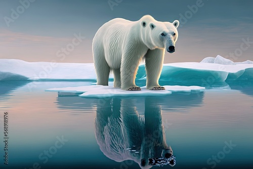  a polar bear standing on an iceberg in the water with a sky background and a reflection of the ice in the water and the water.  generative ai