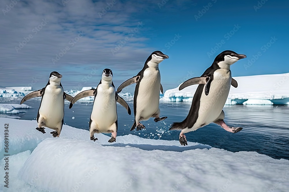 a group of penguins jumping off of an iceberg into the water with