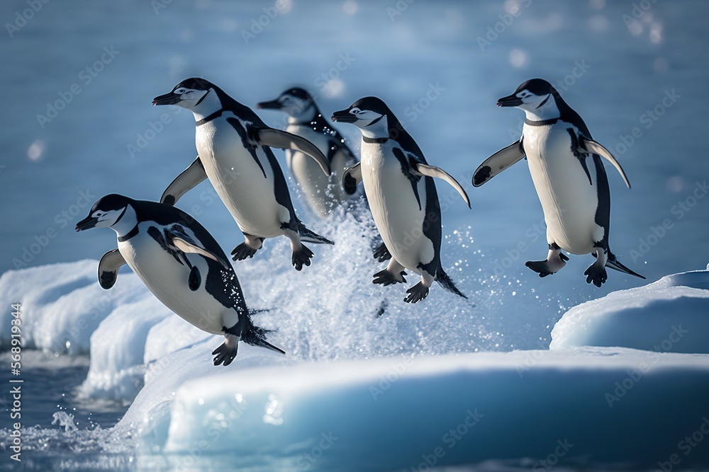 Obraz premium a group of penguins jumping out of the water onto an ice floet in the ocean with one penguin in the air and another penguin in the air. generative ai