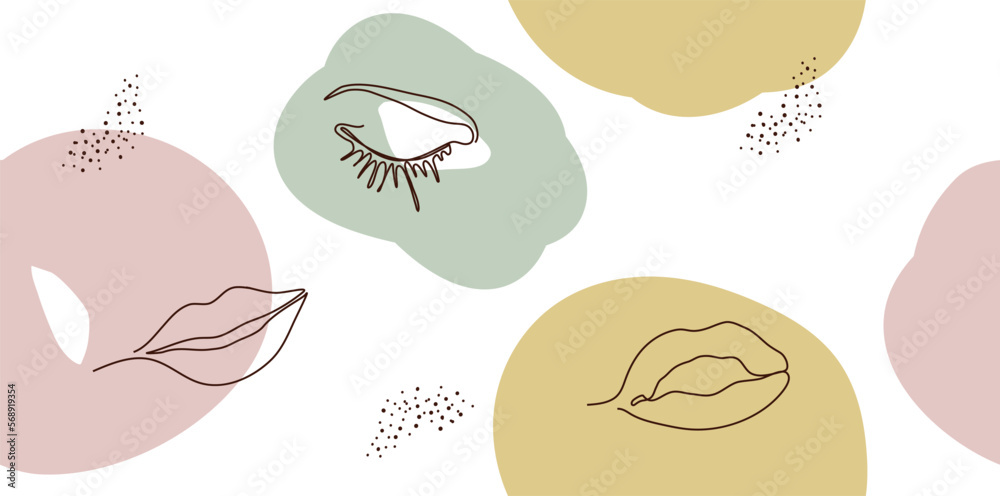 Elegant one-line seamless background of a female abstract face. Drawing eyes, lips in a minimalist style. Fashionable illustration for print, cosmetics, postcards, banners. art fashion Elegant one-line seamless background of a female abstract face. Drawing eyes, lips in a minimalist style. Fashionable illustration for print, cosmetics, postcards, banners. art fashion