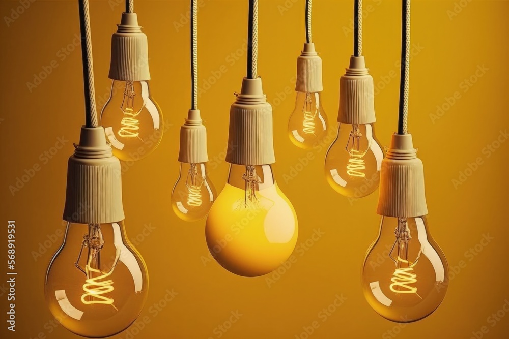 Light bulbs hanging with yellow background, ideas and creativity concept. Generative AI Light bulbs hanging with yellow background, ideas and creativity concept. Generative AI