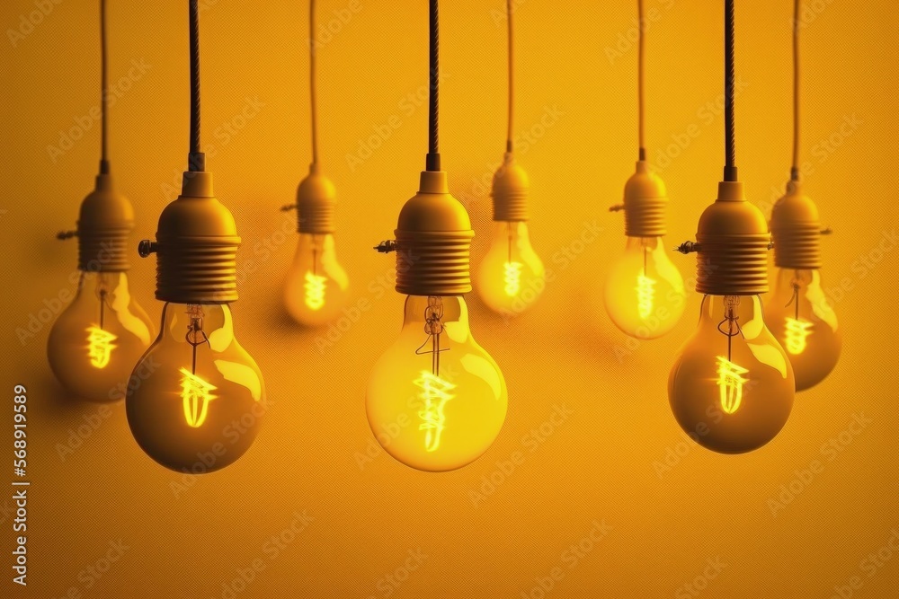 Light bulbs hanging with yellow background, ideas and creativity concept. Generative AI Light bulbs hanging with yellow background, ideas and creativity concept. Generative AI