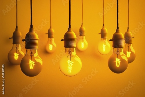 Light bulbs hanging with yellow background, ideas and creativity concept. Generative AI