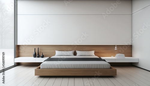  a modern bedroom with a large bed and a white and wood headboard and foot board with a black and white striped pillow on it.  generative ai