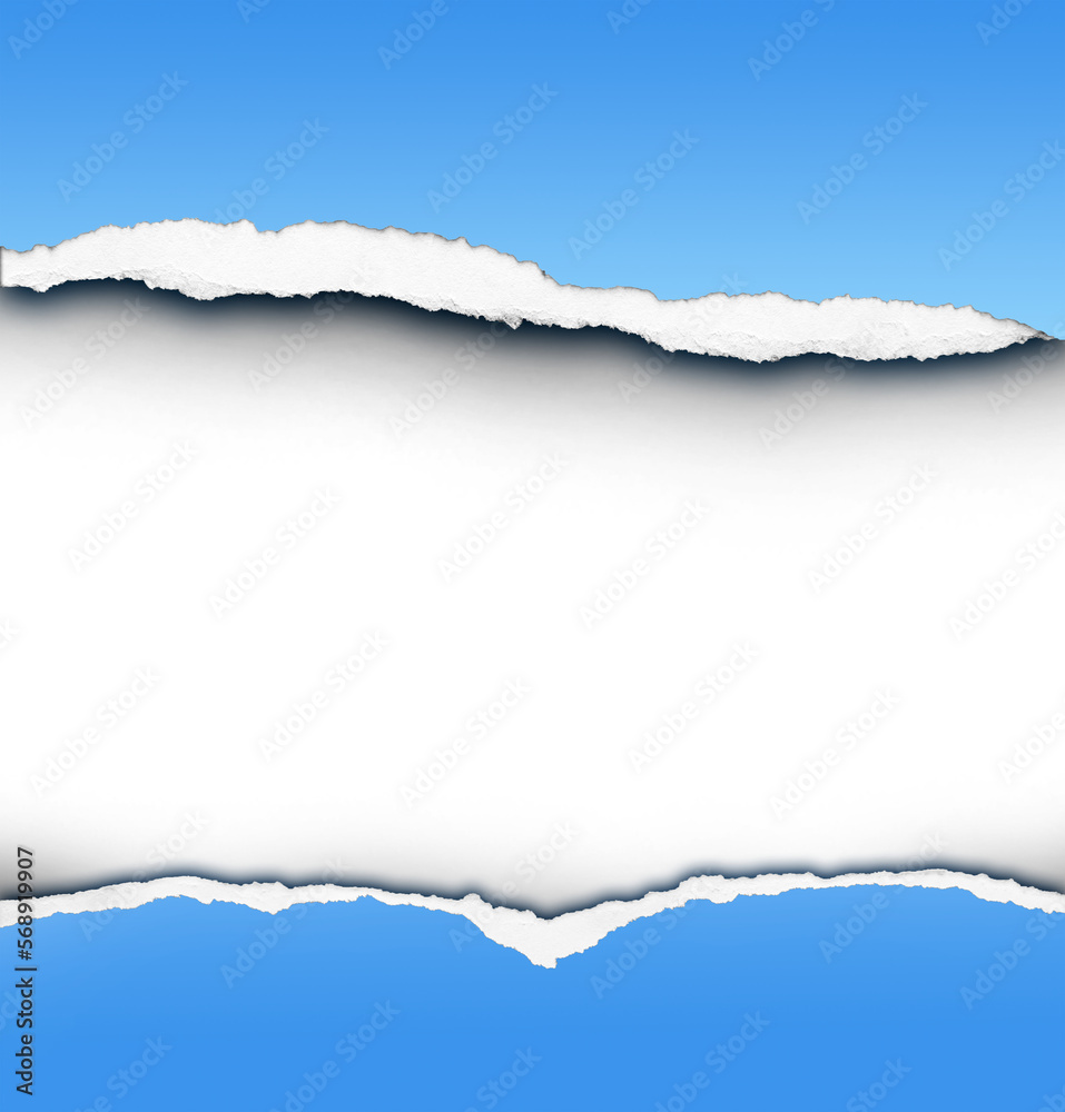 Ripped blue paper on white background, space for copy