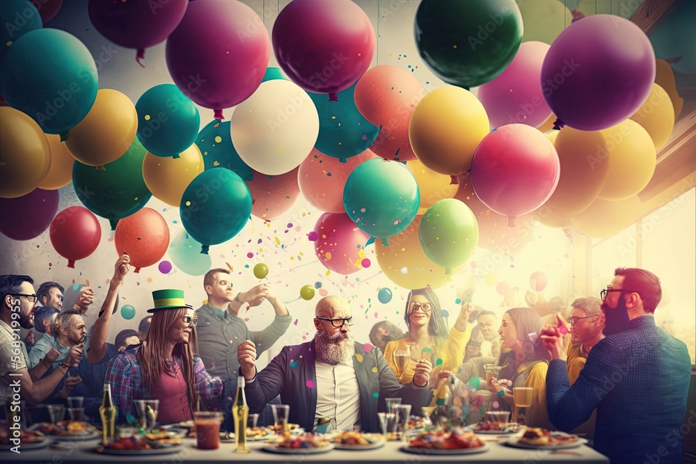 a large group of people standing around a table with balloons in the ...