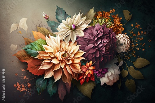  a painting of a bunch of flowers on a black background with leaves and flowers on the bottom of the picture and the bottom of the picture.  generative ai