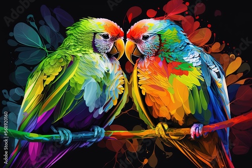 Illustration of two love parrots in rainbow hues. Generative AI photo