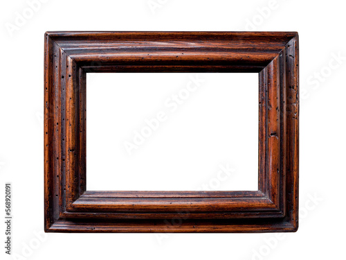 Schöner brauner Bilderrahmen aus Holz mit Holzwurm Schaden, freistehend, transparent, Freifläche für Bild oder Text