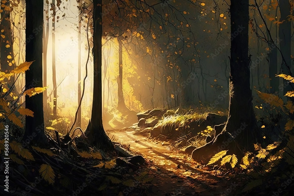  a painting of a path in a forest with sun shining through the trees and leaves on the ground and on the ground, with a trail in the foreground, a.  generative ai
