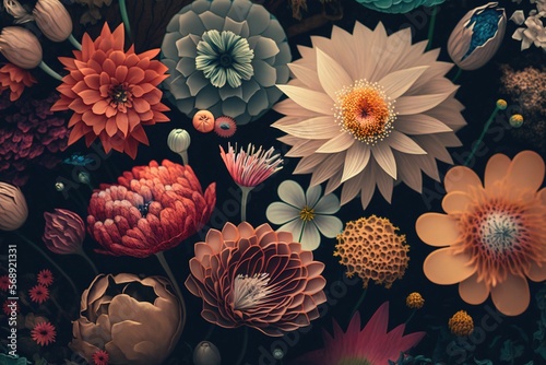  a bunch of flowers that are on a table together in a painting style, with a black background and a few smaller flowers in the middle of the picture.  generative ai
