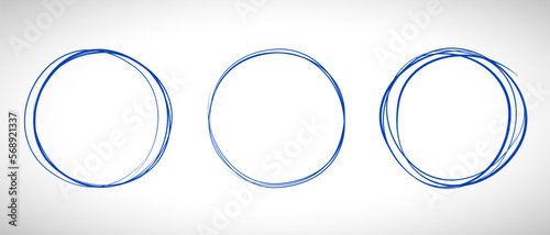 Navy blue circle line hand drawn set. Highlight hand drawing circle on background. Round handwritten blue circle. For marking text, note, mark icon, number, marker pen, pencil and text check, vector