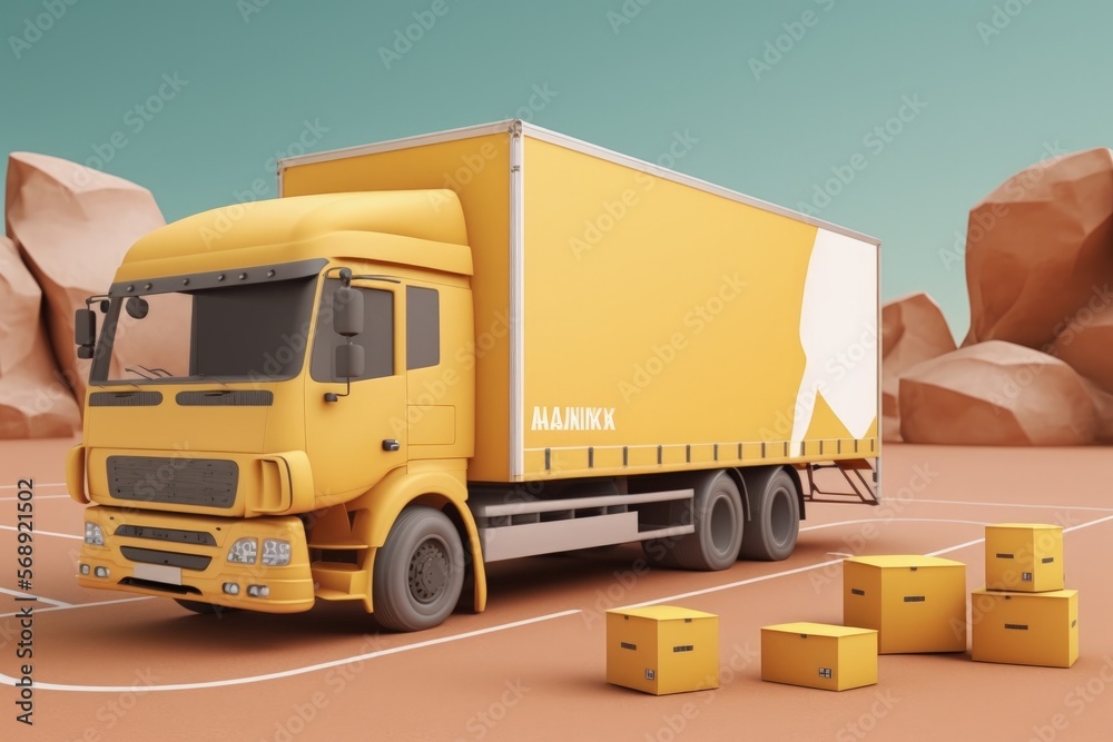 Illustration of yellow delivery truck with cardboard boxes, background. Generative AI Illustration of yellow delivery truck with cardboard boxes, background. Generative AI