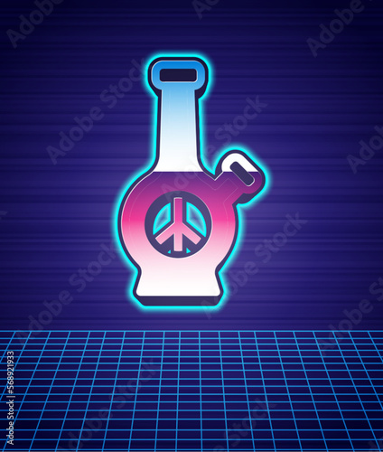 Retro style Glass bong for smoking marijuana or cannabis icon isolated futuristic landscape background. 80s fashion party. Vector