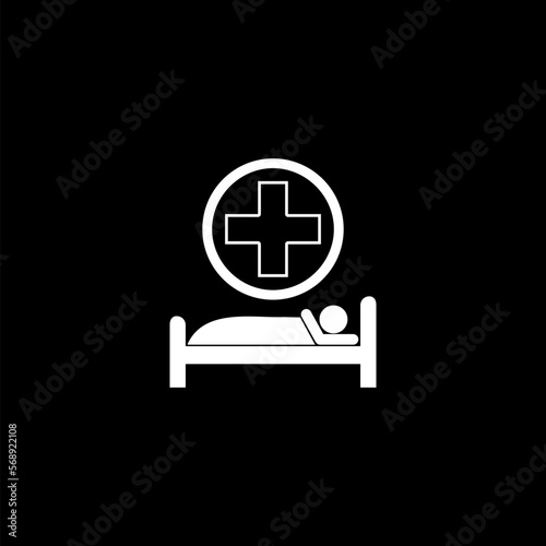 Patient laying on hospital bed icon isolated on black background.  