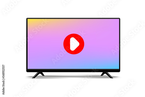 3D smart TV with color screen background and play icon. Modern TV with LED, HD, 4k, 5k.