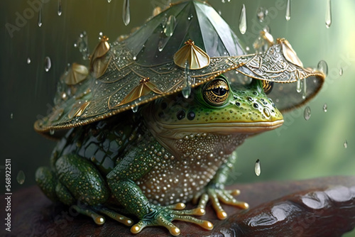 A green frog protects against getting wet with a headgear in the pouring rain..Digital art AI generated image. © Czintos Ödön