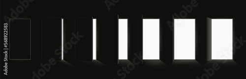 Door animation. Opened and closed doors, sprite animation in different position. Dark room, bright light outside the door.