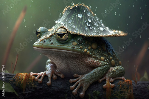 A green frog protects against getting wet with a headgear in the pouring rain..Digital art AI generated image.