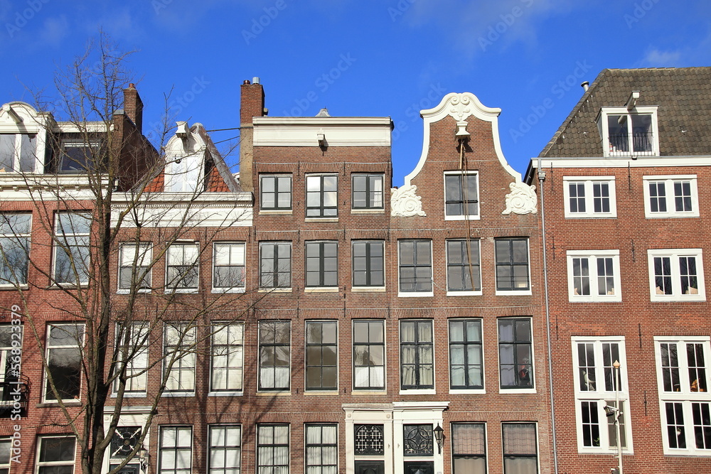 Amsterdam Traditional Canal House Facades with Rope Hanging from a Hoist Beam, Netherlands