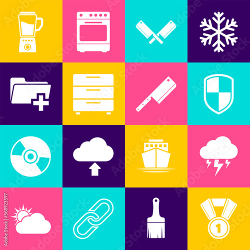 Set Medal, Storm, Shield, Crossed meat chopper, Furniture nightstand and Add new folder icon. Vector