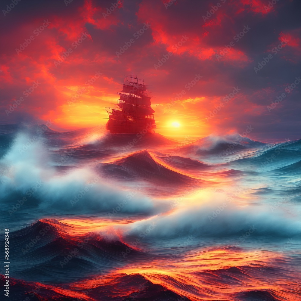 red home with waves and sunset in the background - generative ai