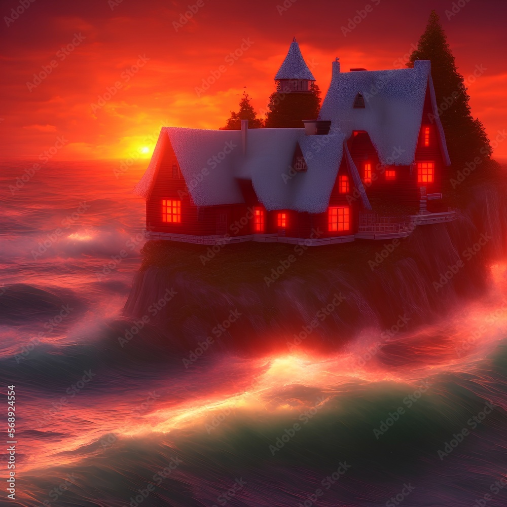 red home with waves and sunset in the background - generative ai