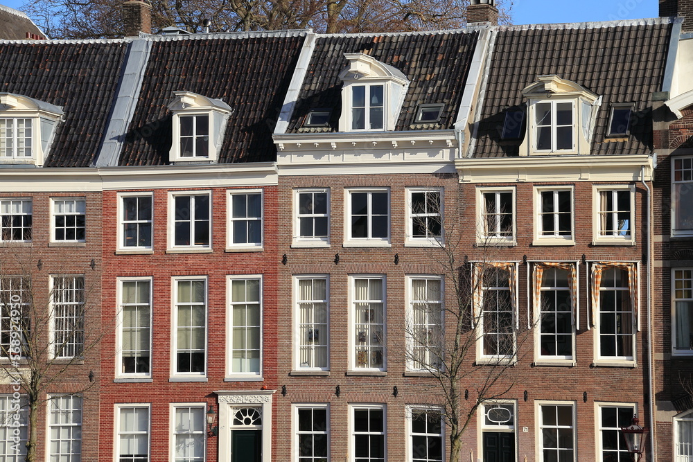 Amsterdam Amstel Brick House Facades with Dormers Close Up, Netherlands