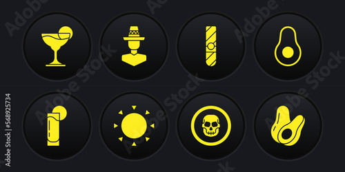 Set Tequila glass with lemon, Avocado fruit, Sun, Mexican skull coin, Cigar, man sombrero, and Margarita cocktail icon. Vector