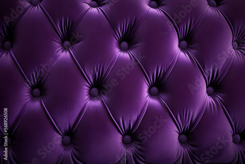 Purple quilted velvet cushion background, violet couch texture fabric closeup with buttons, seamless pattern 